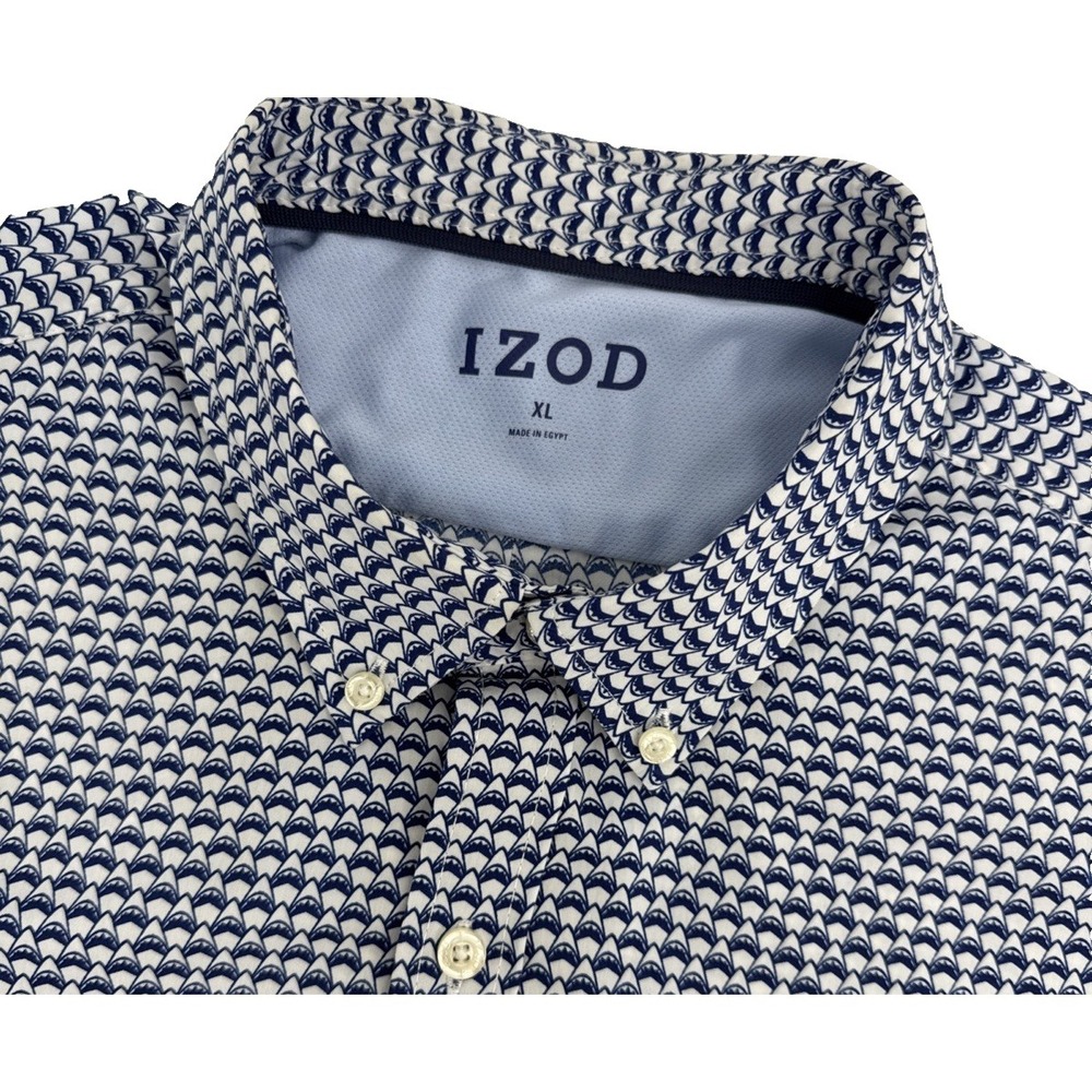 IZOD Shark Print Button Up Shirt Men‎ XL Blue White Ocean Beach Casual